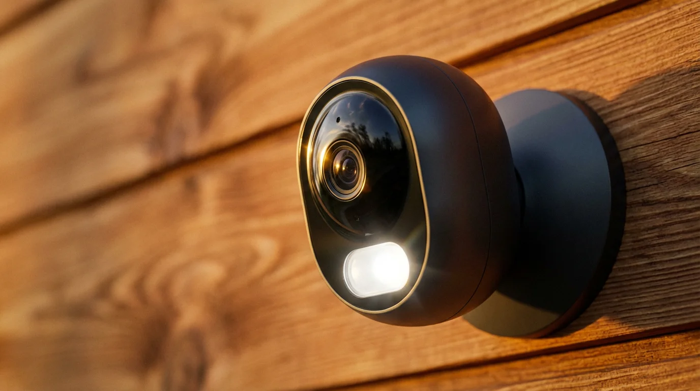 Macro shot of a modern color night vision security camera during golden hour.