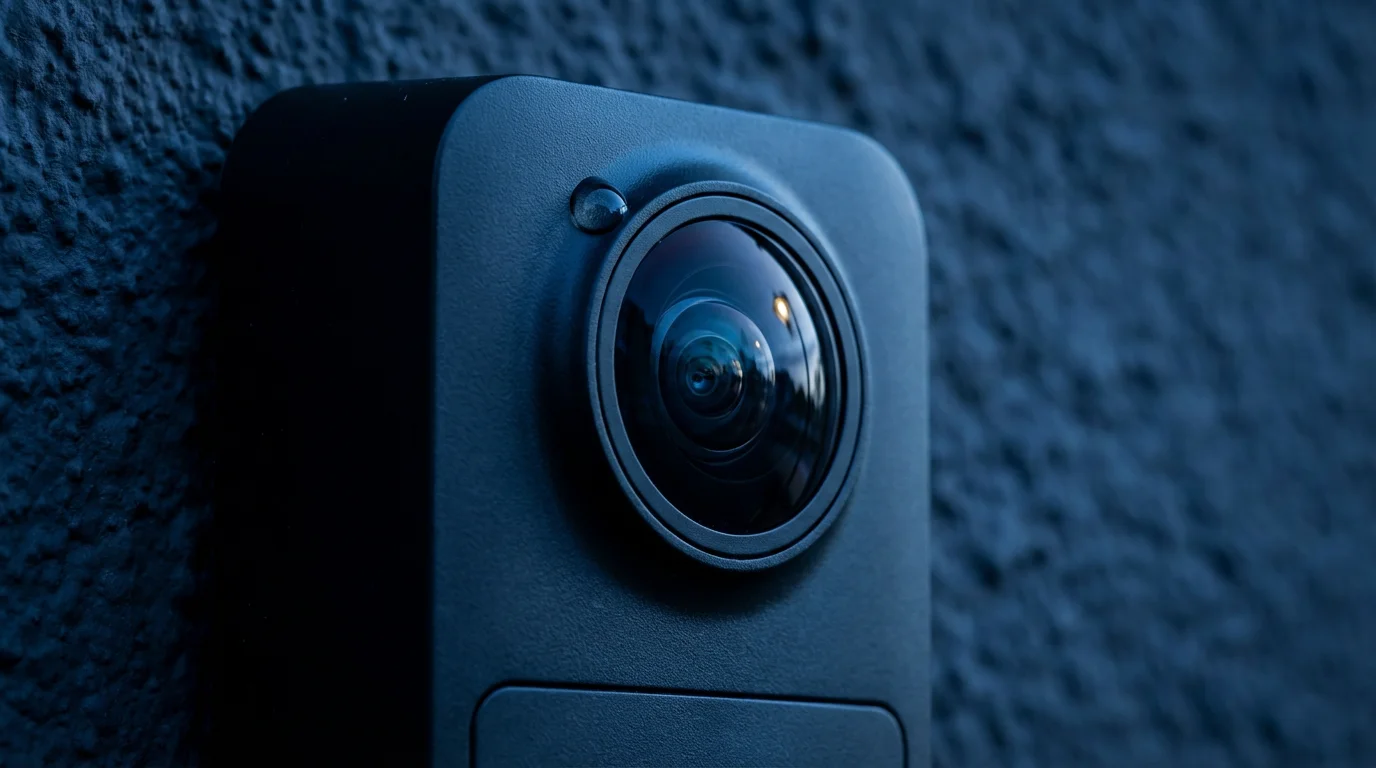 Macro shot of a modern video doorbell camera lens with a water droplet at dusk.