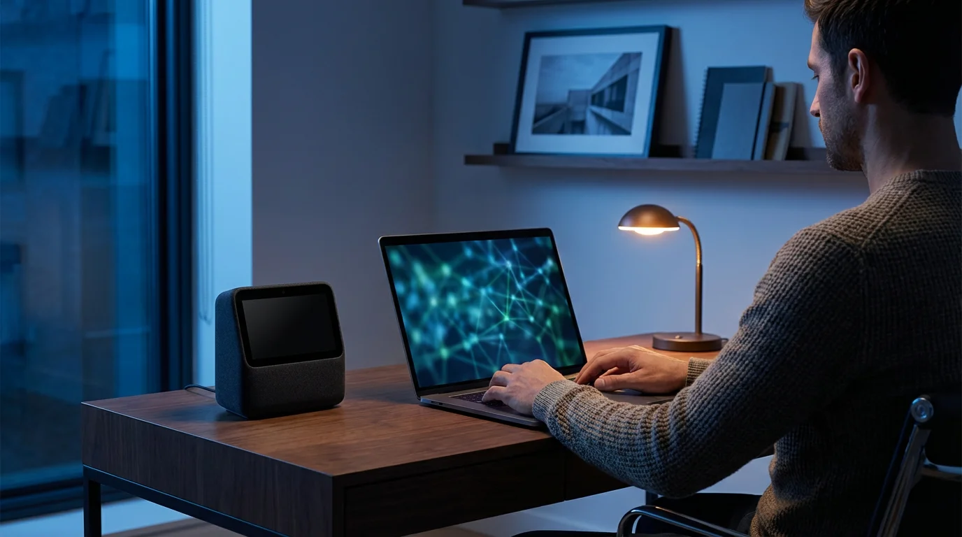 Man at a desk using a laptop to configure advanced privacy settings for a speaker.