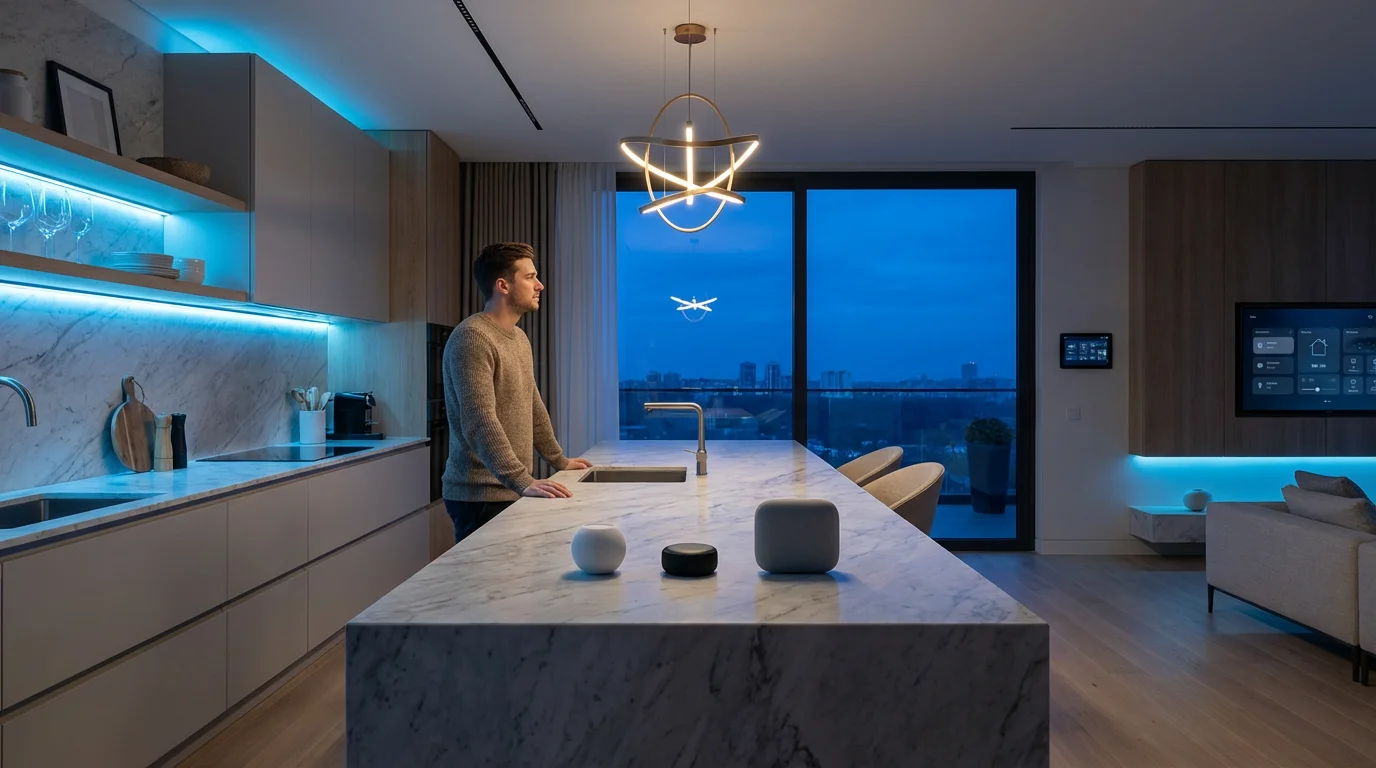 Man in a modern smart home kitchen at dusk with three different smart speakers.