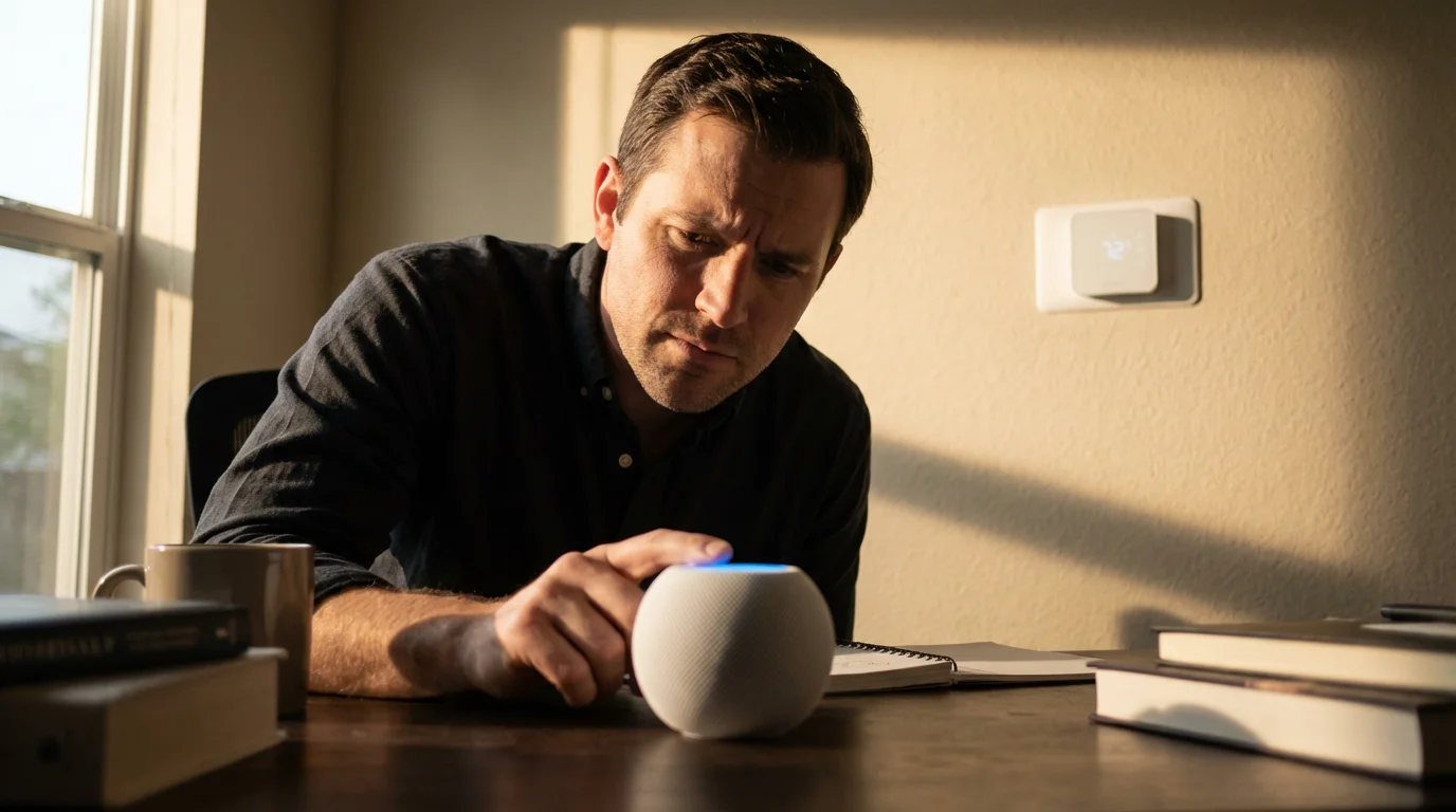 Man looking at a smart speaker on a desk, troubleshooting a smart thermostat.