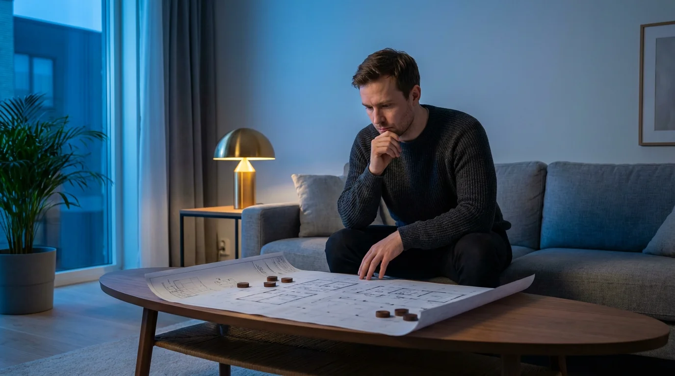 Man planning a smart home layout using a blueprint in a modern living room.