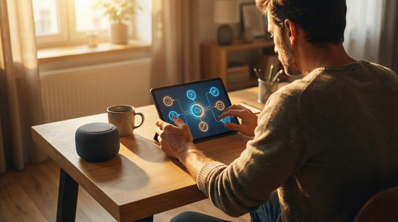 Man seen over-the-shoulder creating a smart home automation routine on a tablet at sunset.