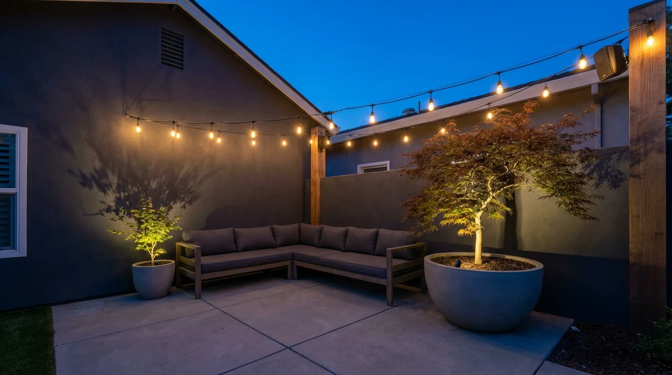 Modern backyard patio at dusk with glowing smart string lights creating a cozy ambiance.