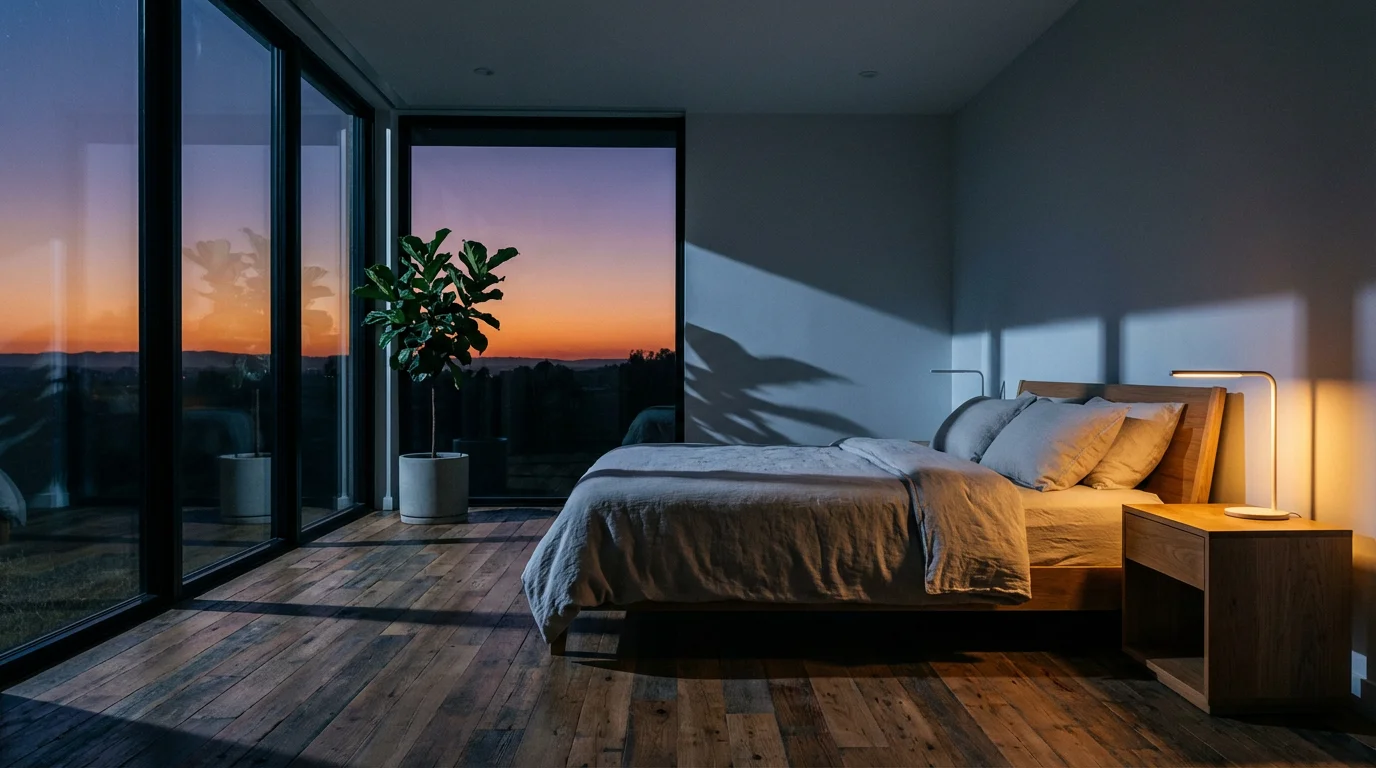 Modern bedroom at dusk with long shadows and an automatically illuminated smart bedside lamp.