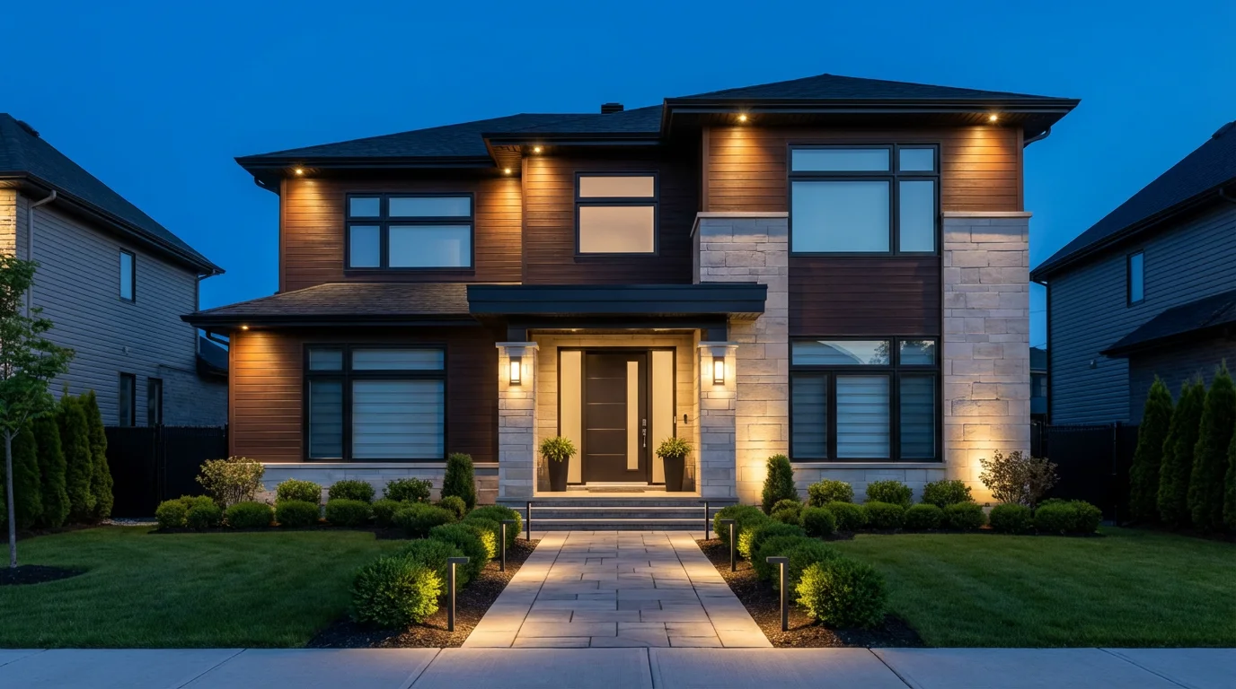 Modern home exterior at dusk with smart pathway lights and architectural uplighting.