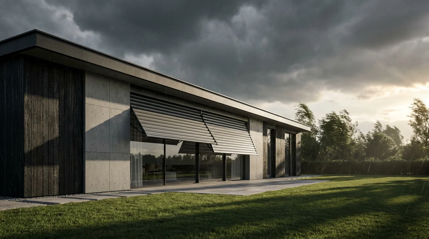 Modern home exterior with automated storm shutters closing as a dark storm approaches.