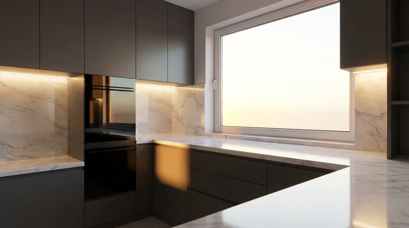 Modern kitchen at sunset with automated warm under-cabinet smart lighting blending with window light.