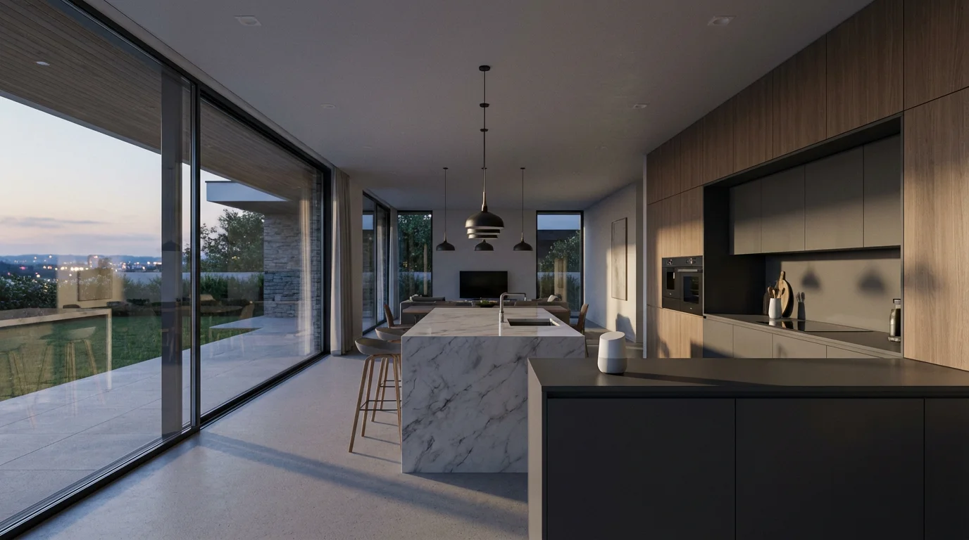 Modern kitchen at twilight with all lights off and a smart speaker on the counter.