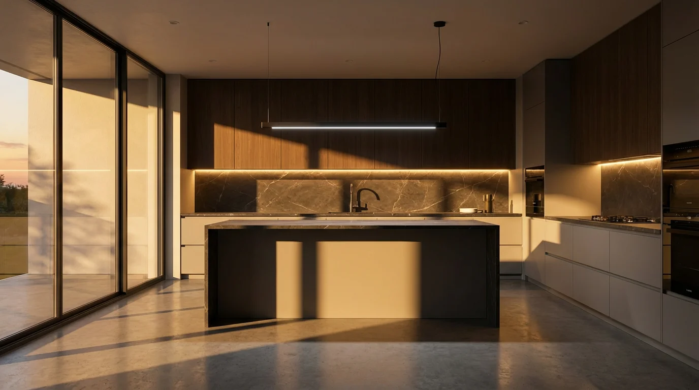 Modern kitchen with layered smart lighting scenes creating a moody afternoon atmosphere.