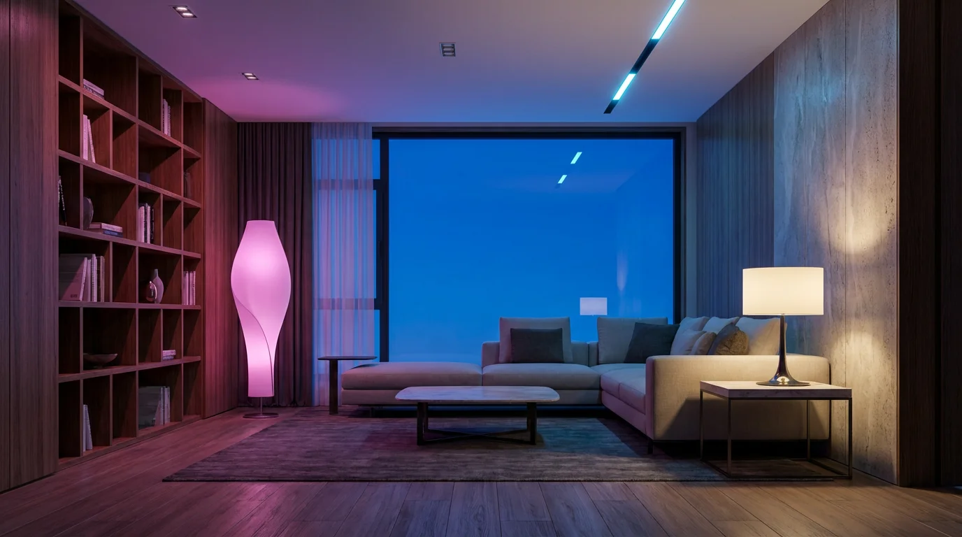 Modern living room at dusk with multiple smart bulbs glowing in different colors.