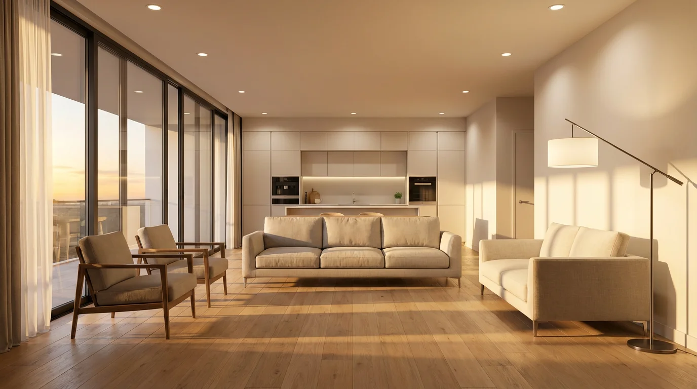 Modern living room at sunset with golden hour light and automated smart lights turning on.