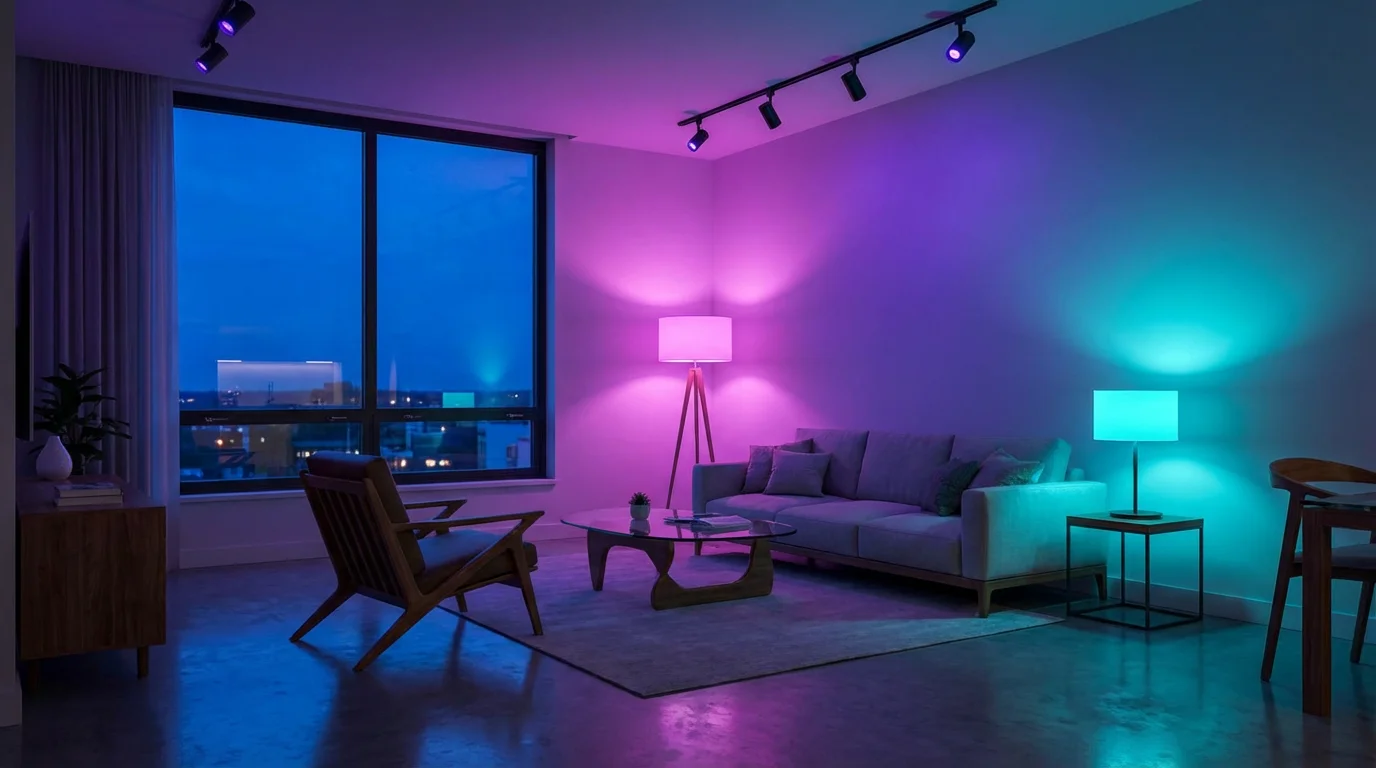 Modern living room at twilight illuminated by colorful, app-controlled smart light bulbs.