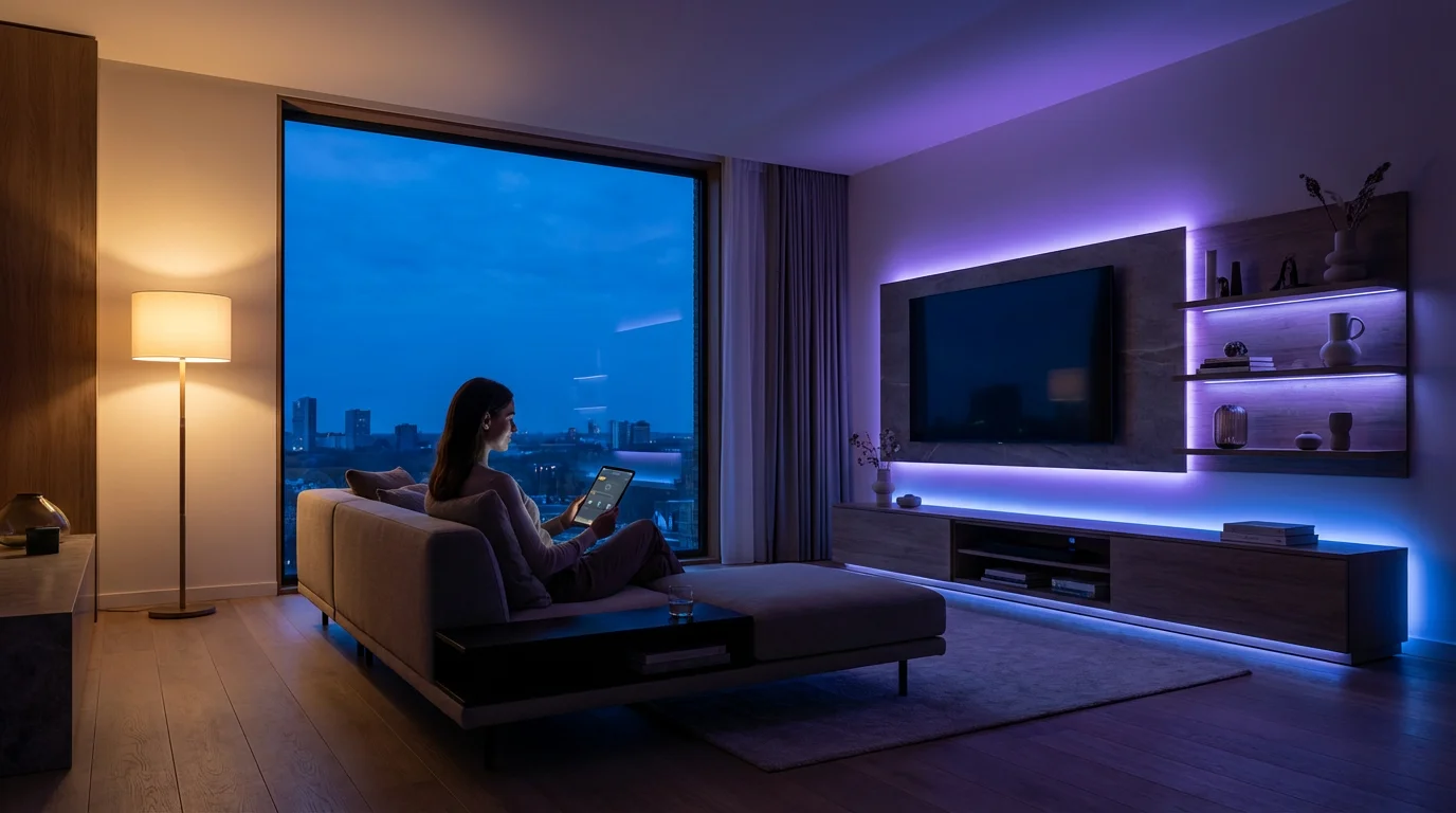 Modern living room at twilight with a custom smart lighting scene creating a cozy atmosphere.