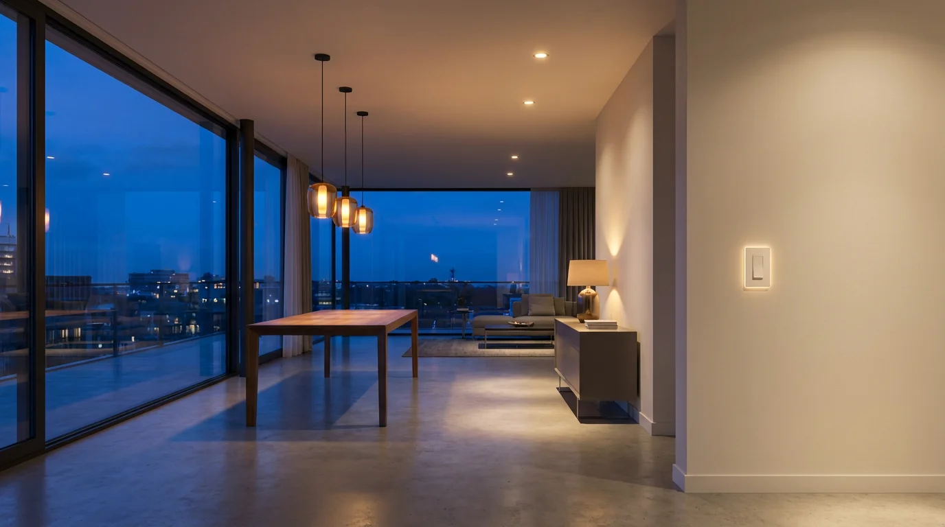 Modern living room at twilight with multiple smart lights dimmed to create cozy ambiance.