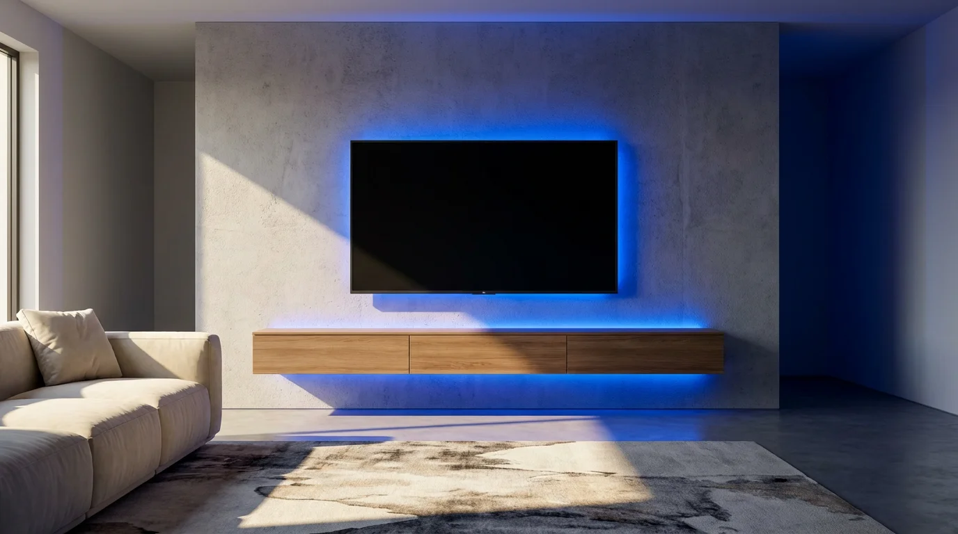 Modern living room media wall with blue smart LED backlighting behind a television.