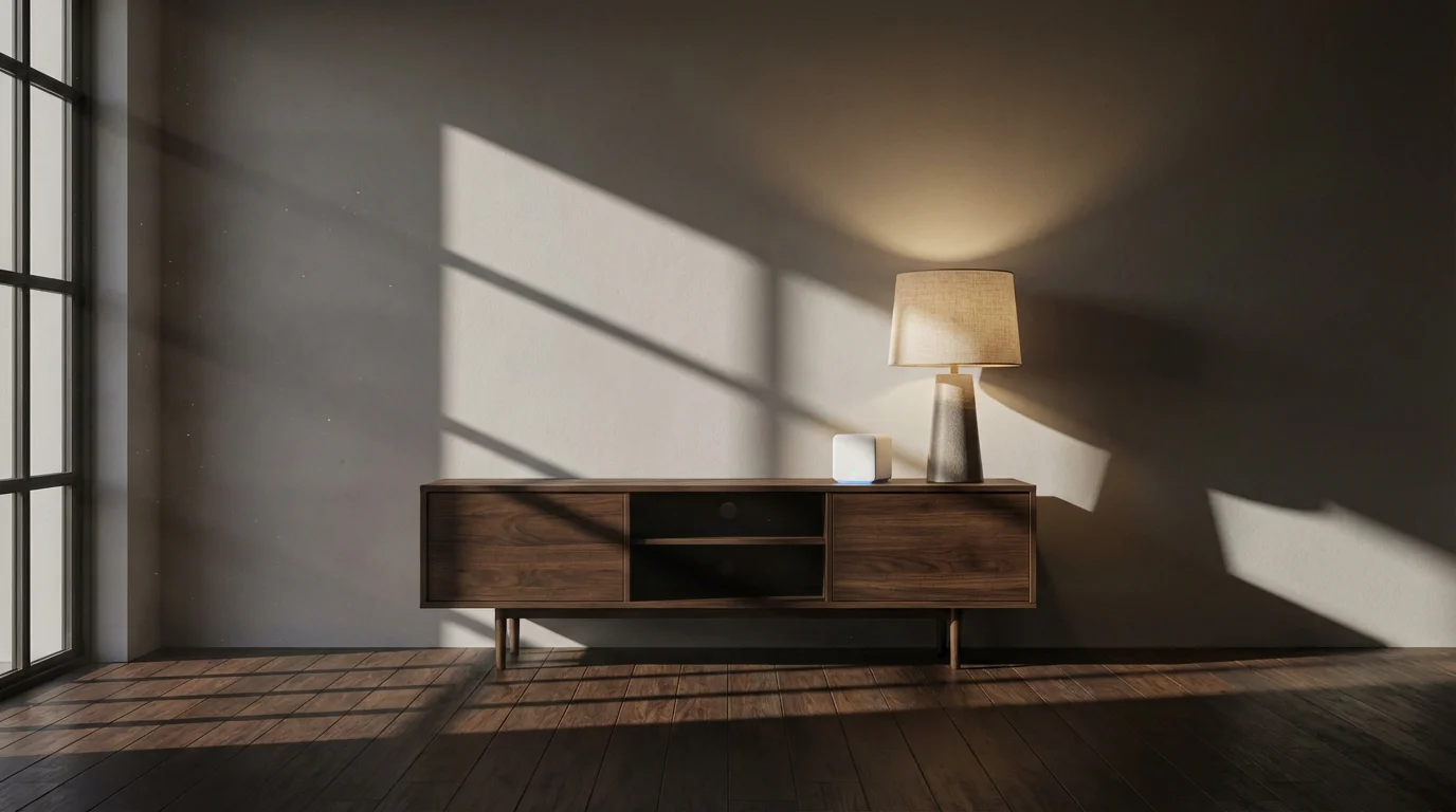 Modern living room with a remotely controlled smart lamp turned on during the afternoon.