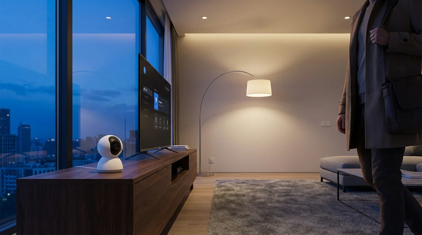 Modern living room with a smart security camera and automated ambient lighting at twilight.