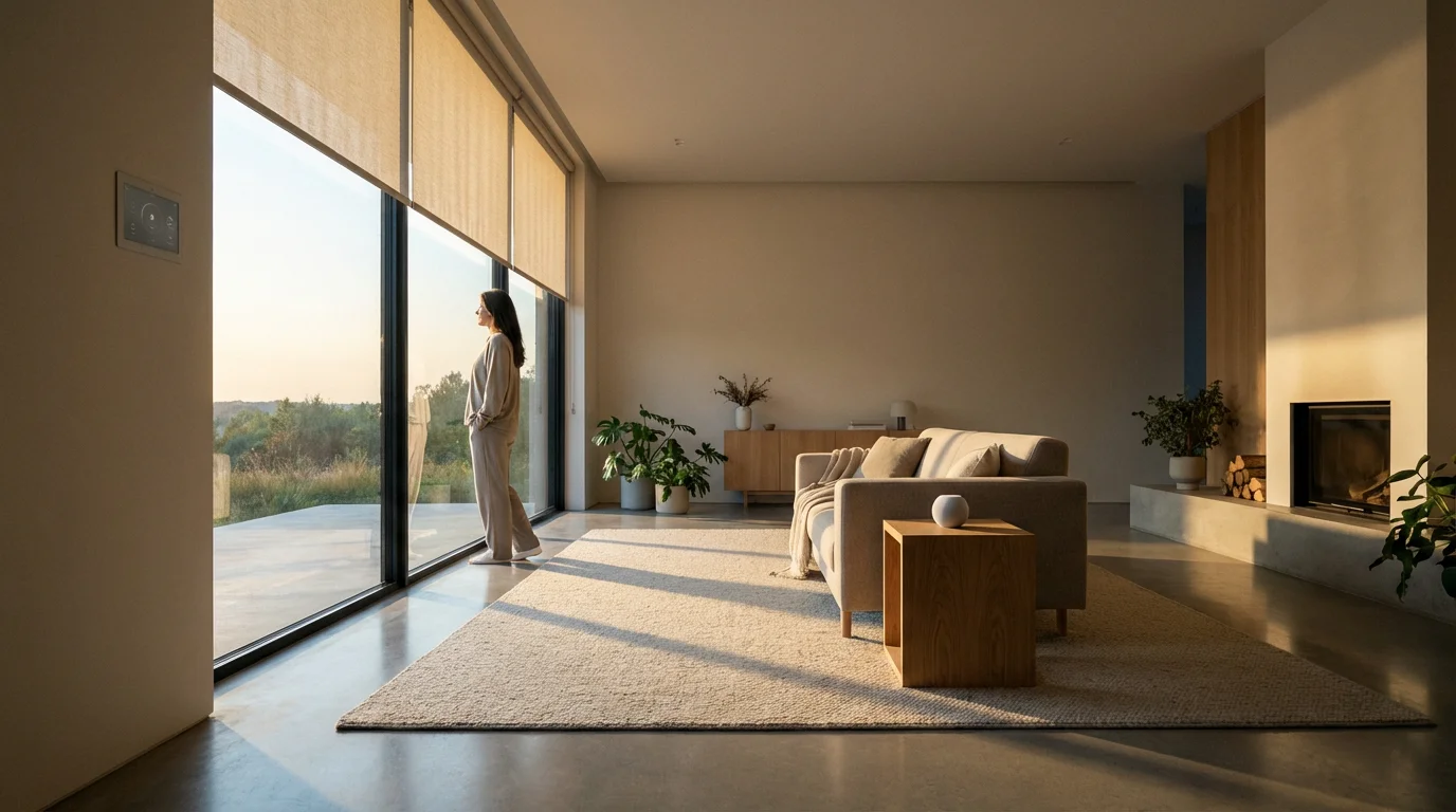 Modern living room with a smart speaker and automated blinds in soft morning light.