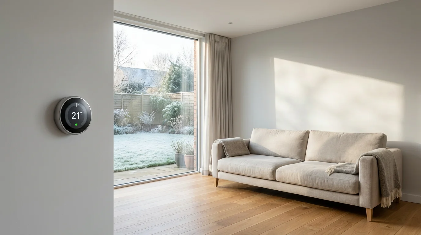 Modern living room with a smart thermostat, showing a frosty morning view through the window.