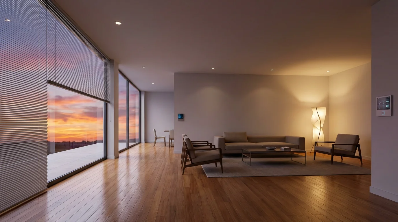 Modern living room with automated lights turning on and blinds opening for a welcoming arrival.
