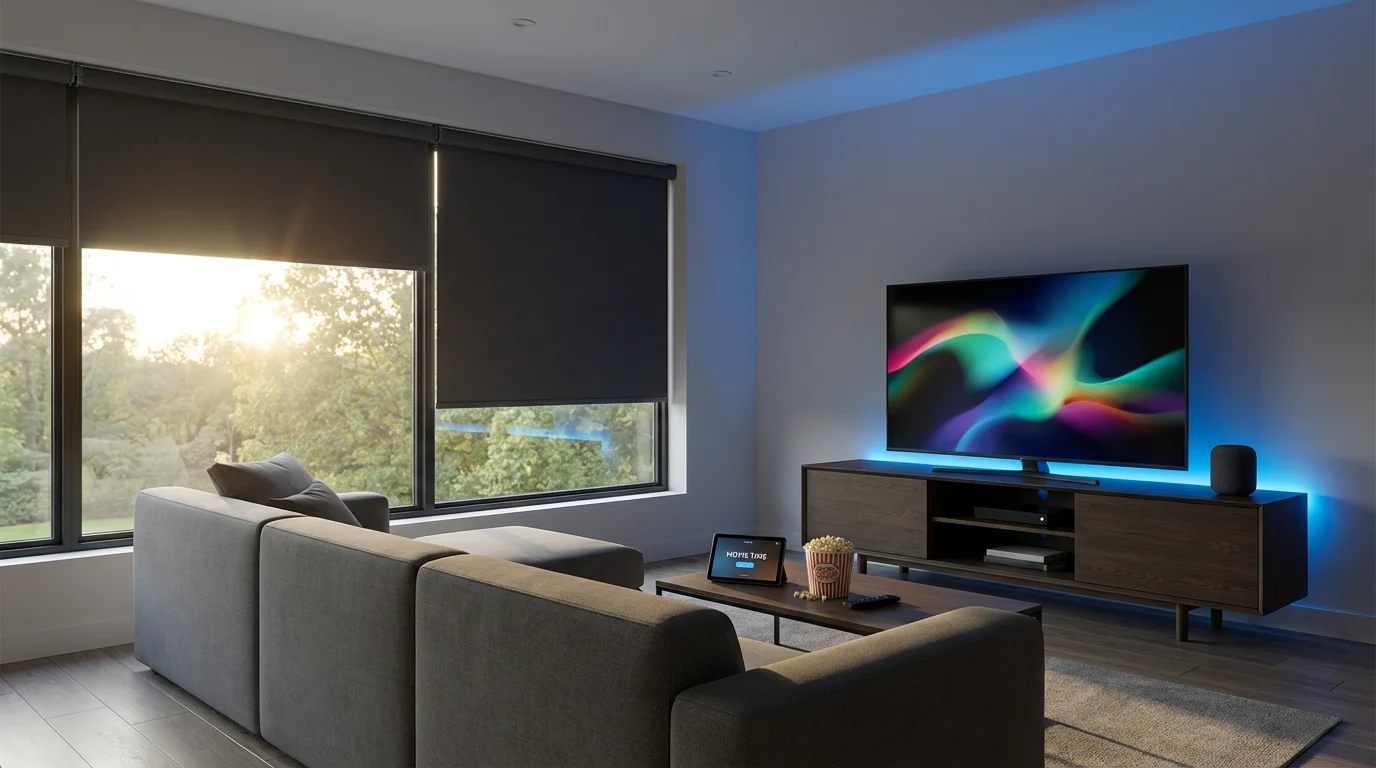 Modern living room with automated smart blinds closing for a movie time smart home routine.