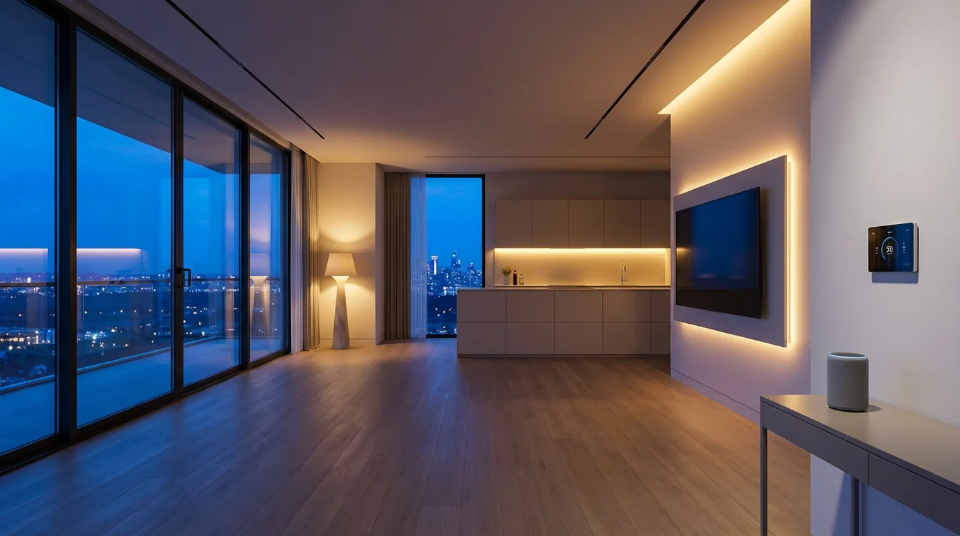 Modern living room with integrated smart lighting and connected devices during evening blue hour.