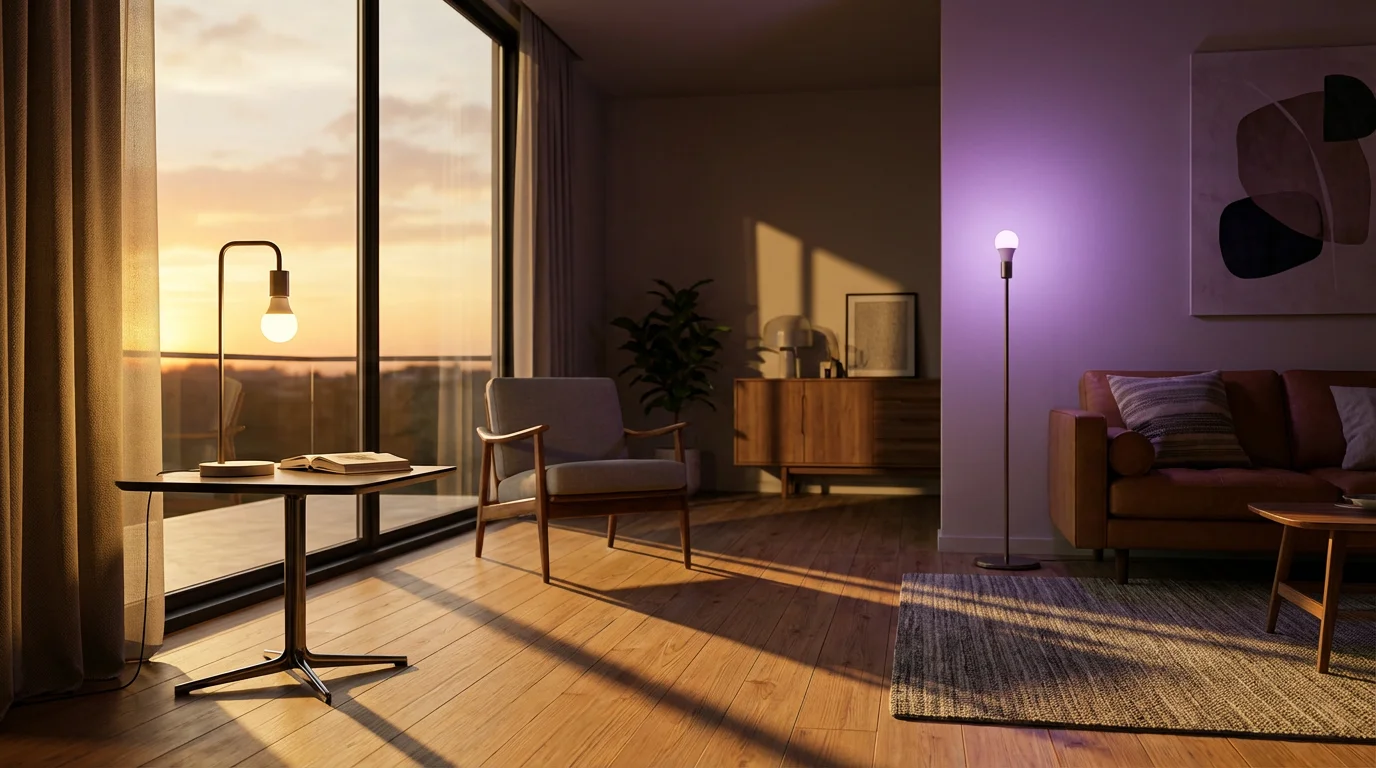 Modern living room with smart bulbs creating warm and ambient lighting during sunset.