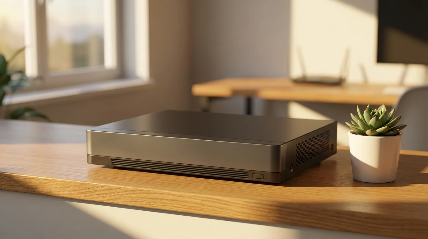 Modern network video recorder on a wooden shelf representing local smart home security storage.