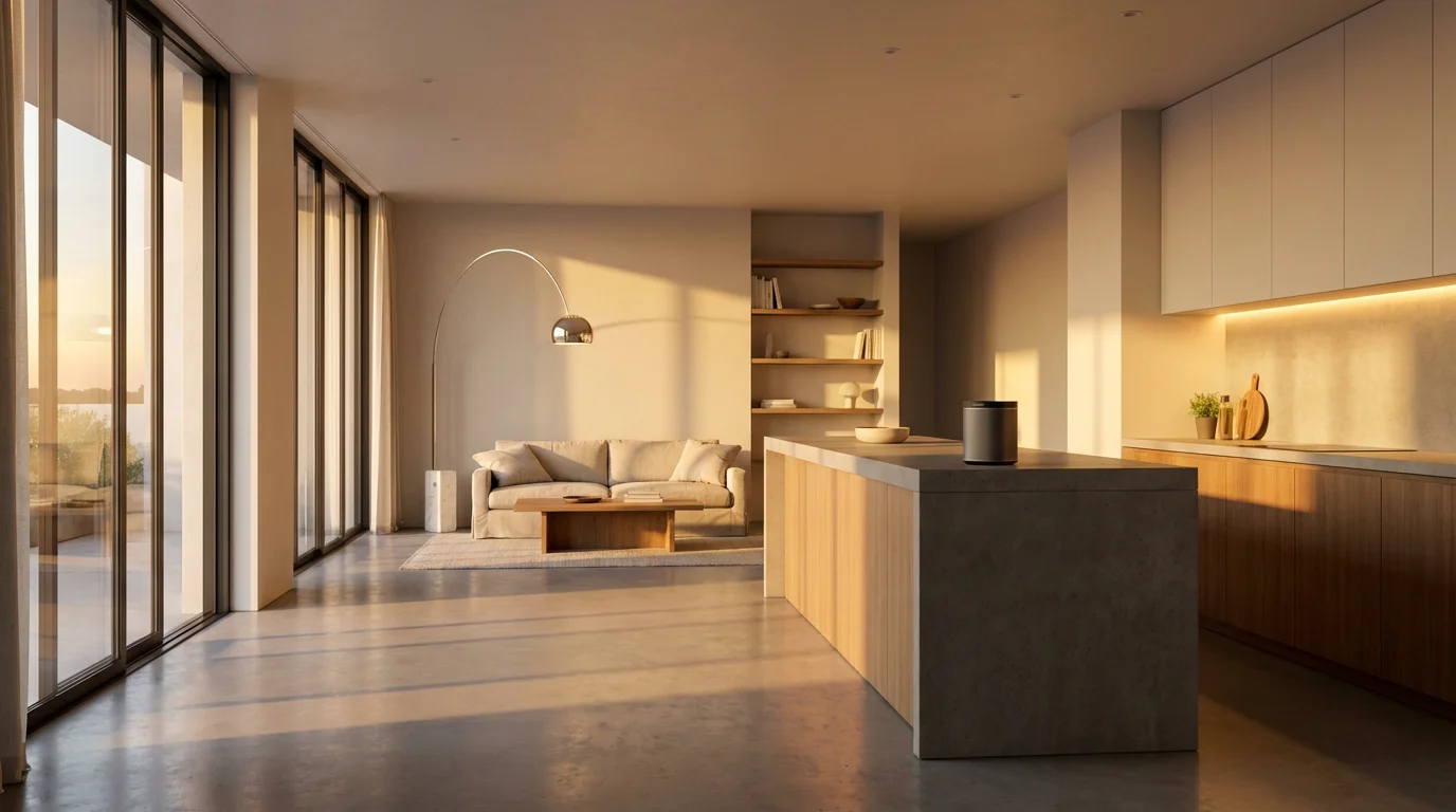 Modern smart home living room at sunset with automated ambient lights turning on.