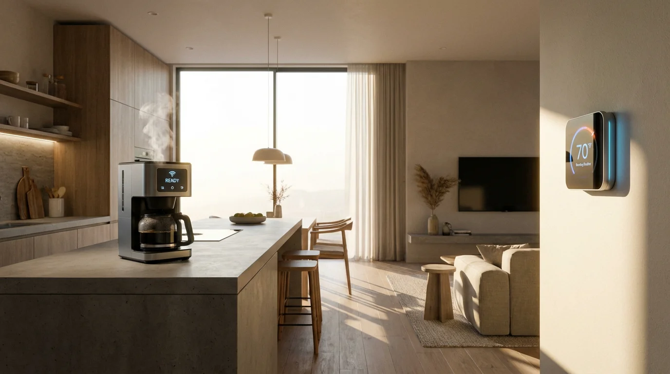 Modern smart home with automated coffee maker and thermostat in a sunlit kitchen.