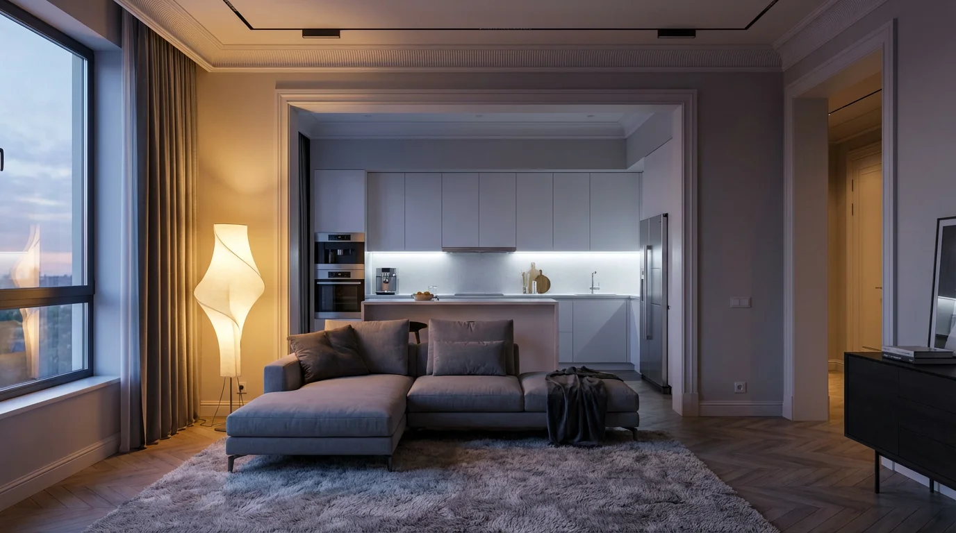 Open-plan home showing warm light in the living room and cool light in the kitchen.