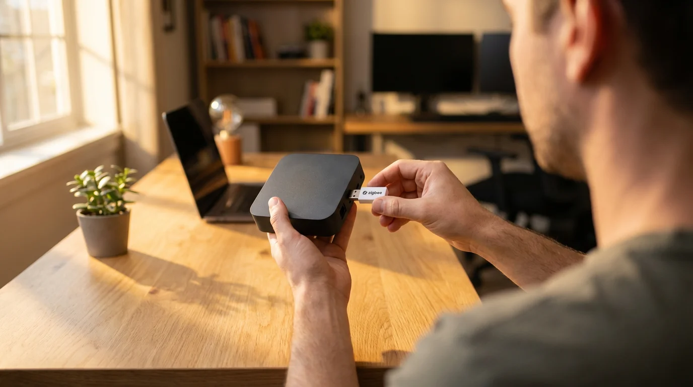 Over-the-shoulder photo of a person plugging a USB smart home dongle into a hub.