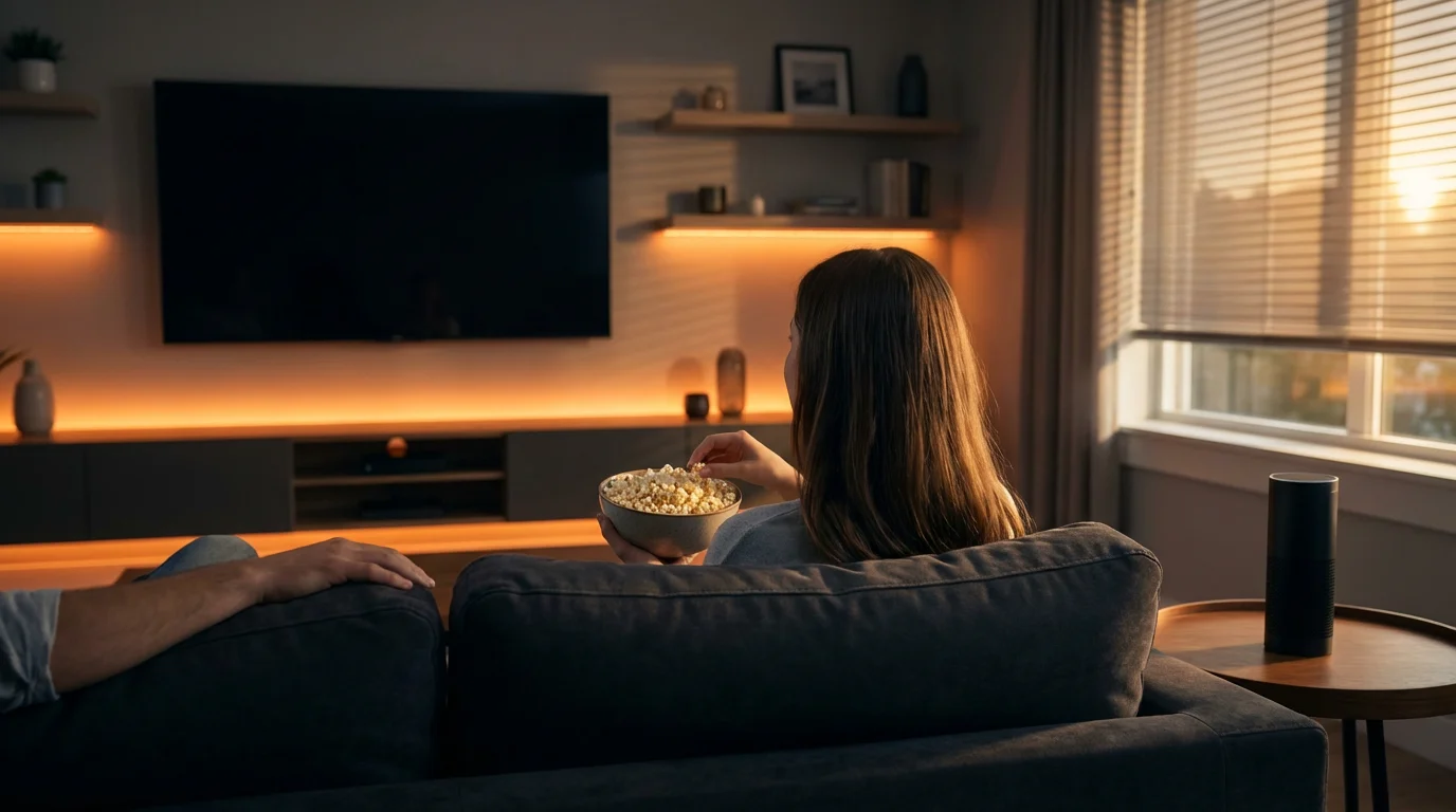 Over-the-shoulder shot of a couple on a sofa enjoying an automated movie night.