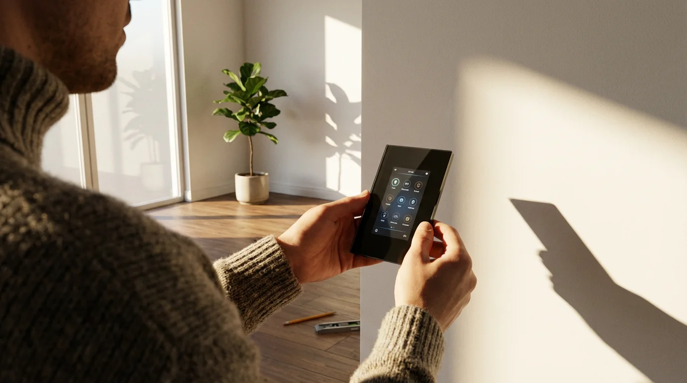 Over-the-shoulder shot of a person holding a smart light switch in a sunlit room.