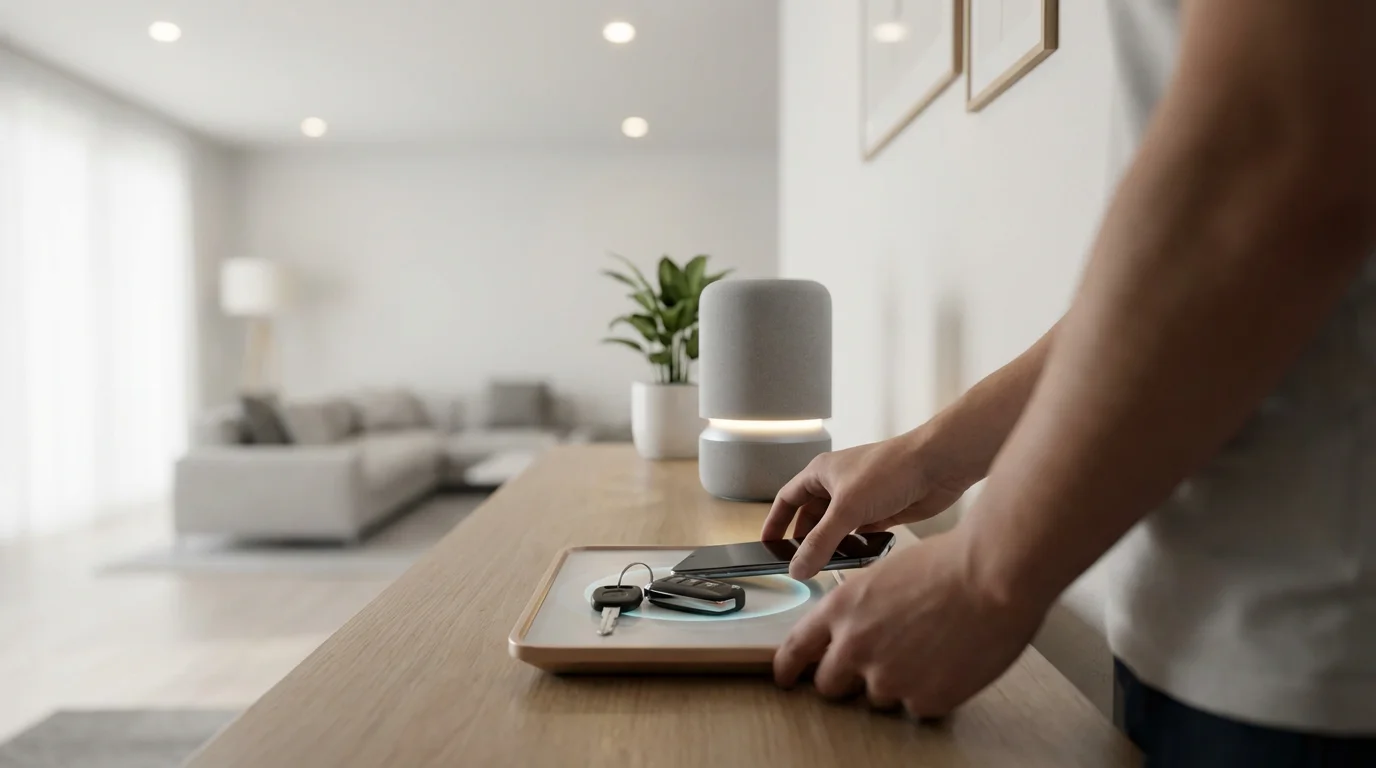 Over-the-shoulder view of a chained smart home automation triggered by placing keys on a tray.