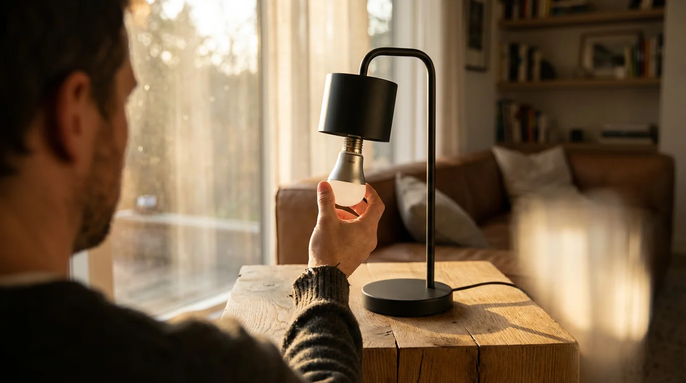 Over-the-shoulder view of a hand screwing a smart bulb into a lamp indoors.