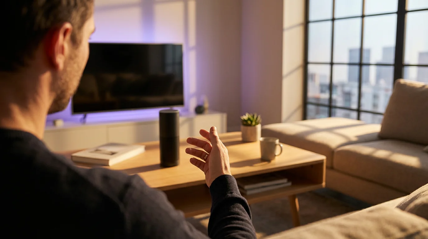 Over-the-shoulder view of a man giving a voice command to a smart speaker during sunset.