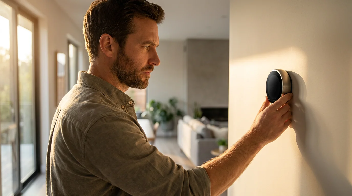 Over-the-shoulder view of a man troubleshooting a wall-mounted smart thermostat during golden hour.