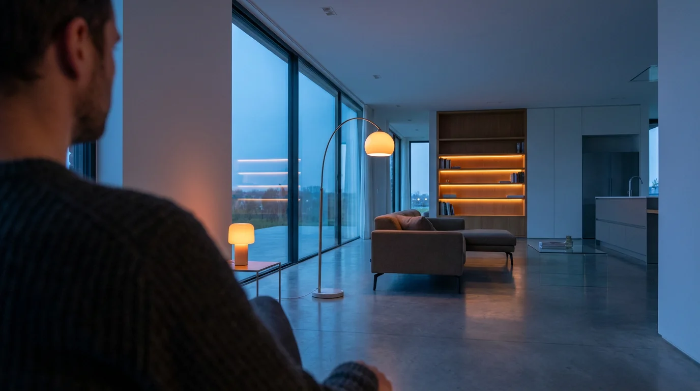 Over-the-shoulder view of a modern living room with multiple connected smart bulbs lit up.