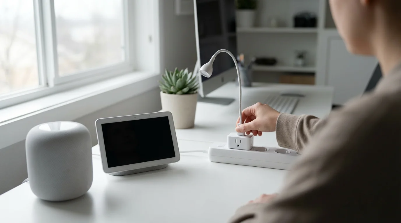 Over-the-shoulder view of a person at a desk with an Apple HomePod and Google Nest.