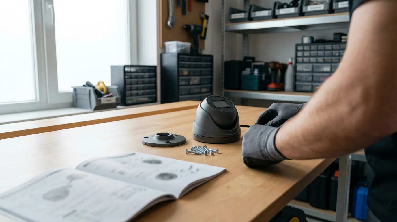 Over-the-shoulder view of a person at a workbench preparing to install a security camera.