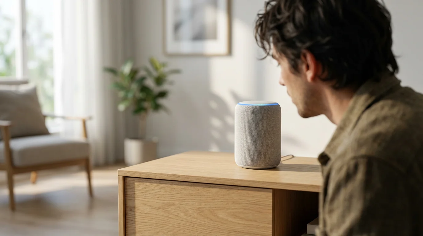 Over-the-shoulder view of a person calibrating their voice with a smart speaker at home.