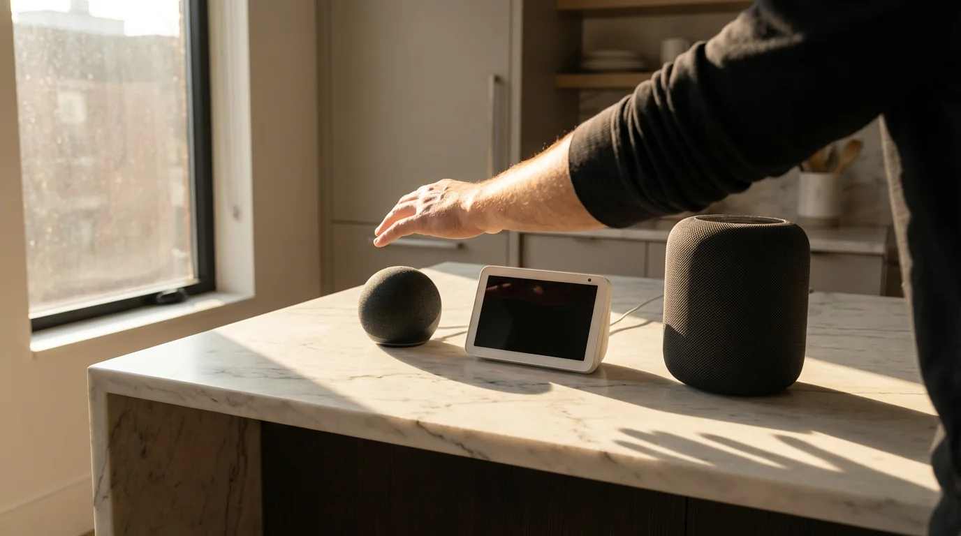Over-the-shoulder view of a person choosing from three different smart speakers on a countertop.