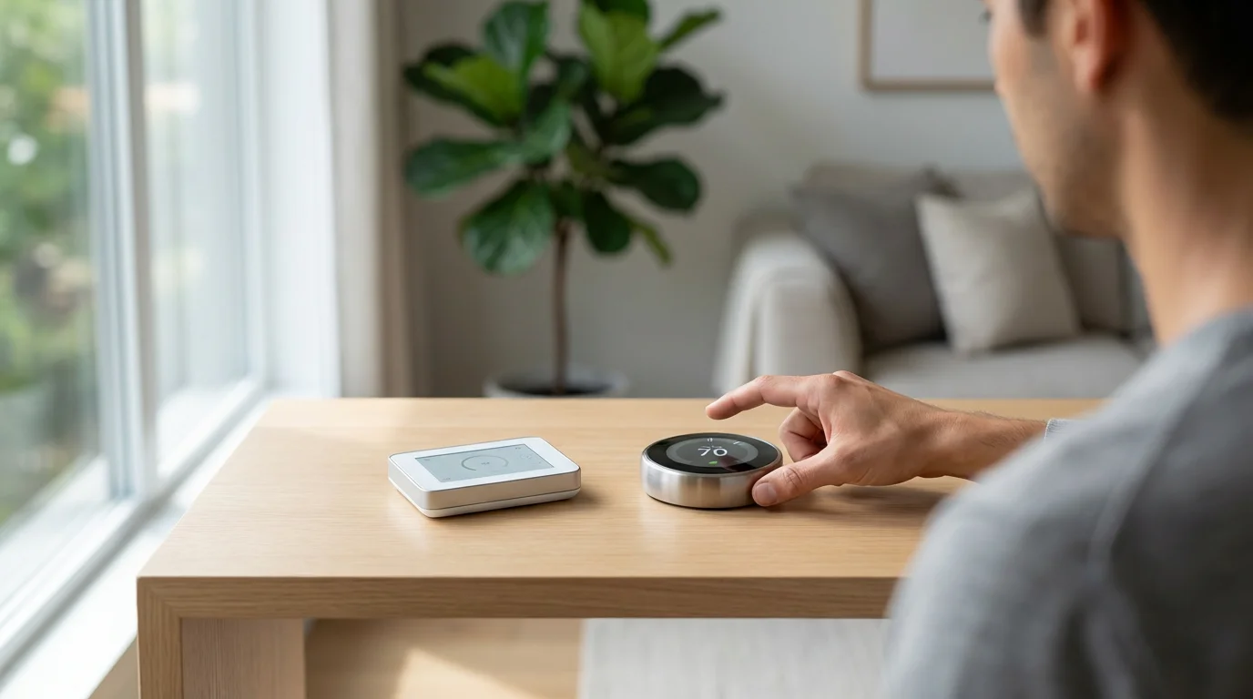 Over-the-shoulder view of a person choosing between two different smart thermostats on a table.