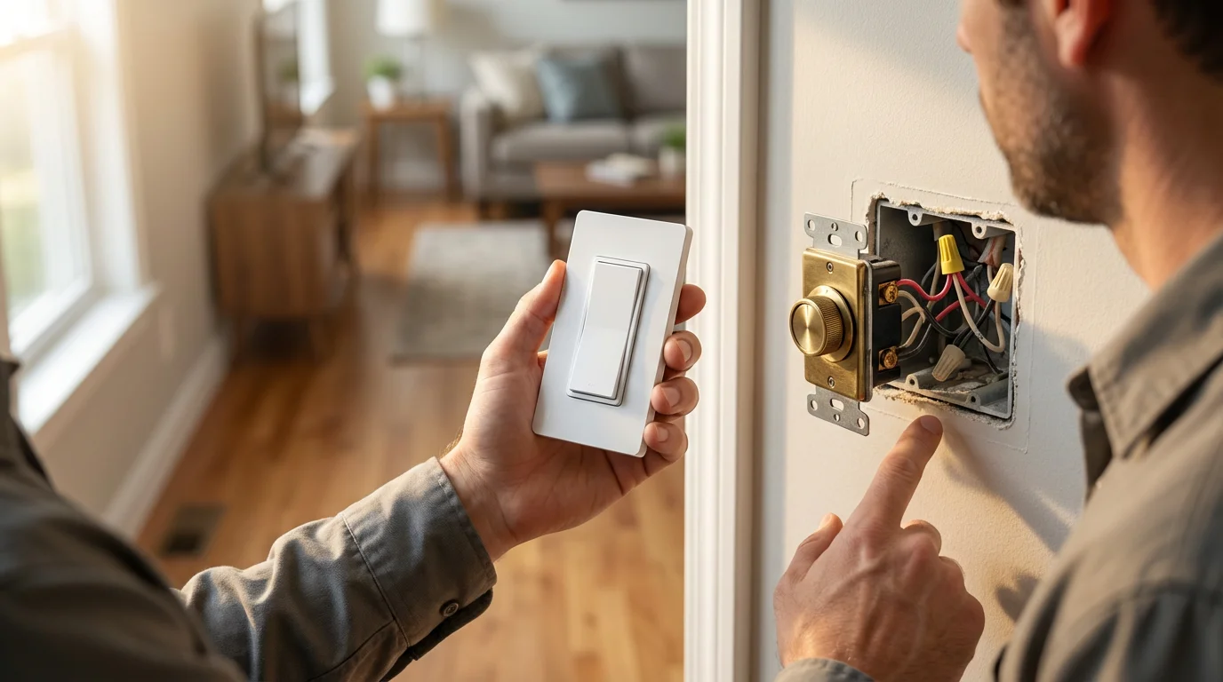 Over-the-shoulder view of a person comparing a new smart dimmer to old wall wiring.