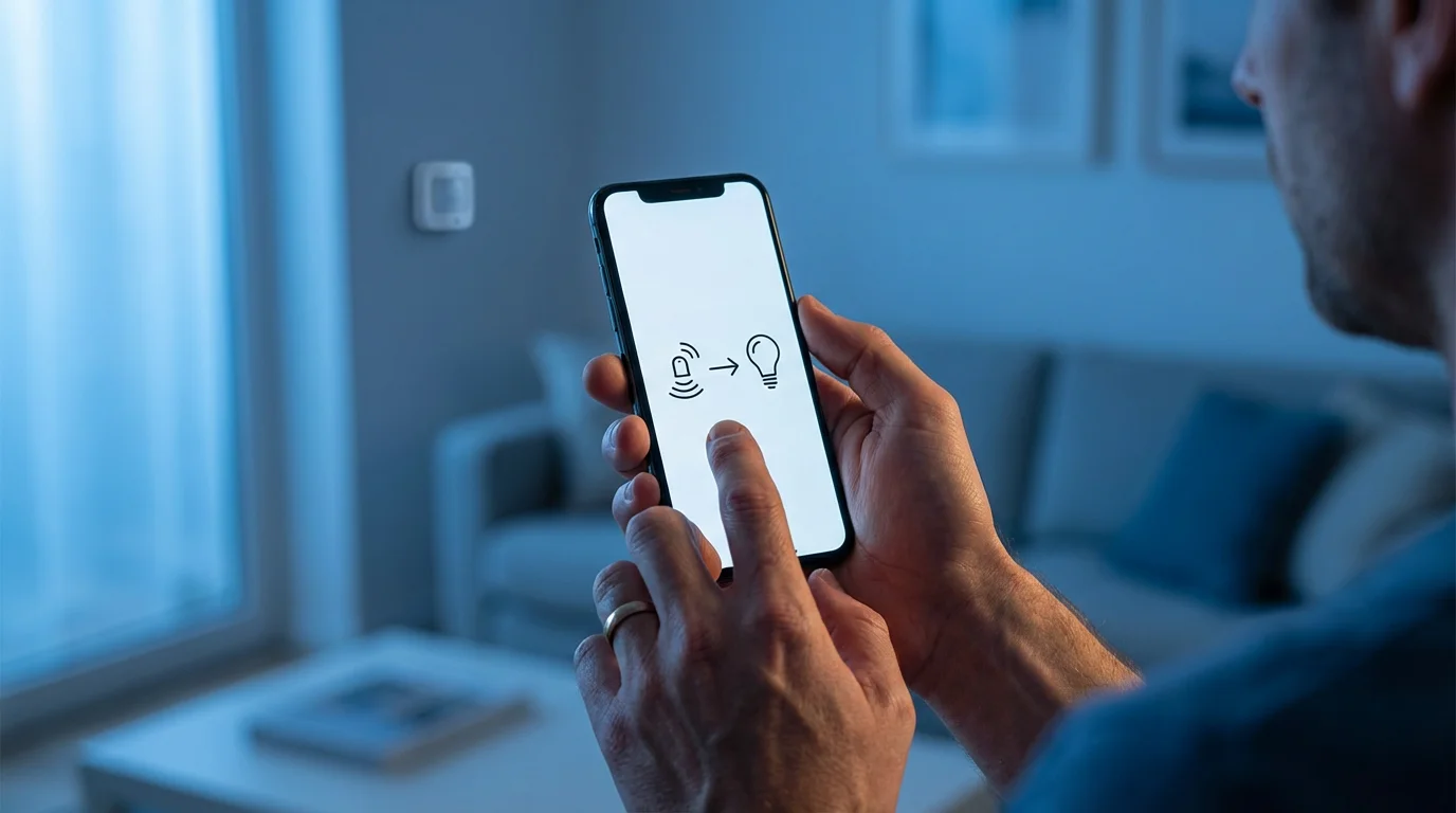 Over-the-shoulder view of a person creating a motion-activated light routine on a smartphone.