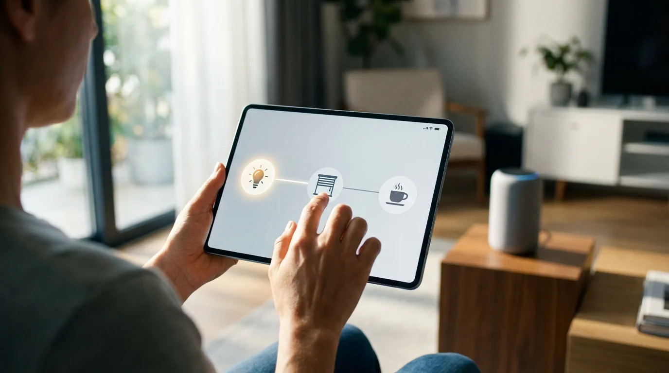 Over-the-shoulder view of a person creating a smart home automation routine on a tablet.