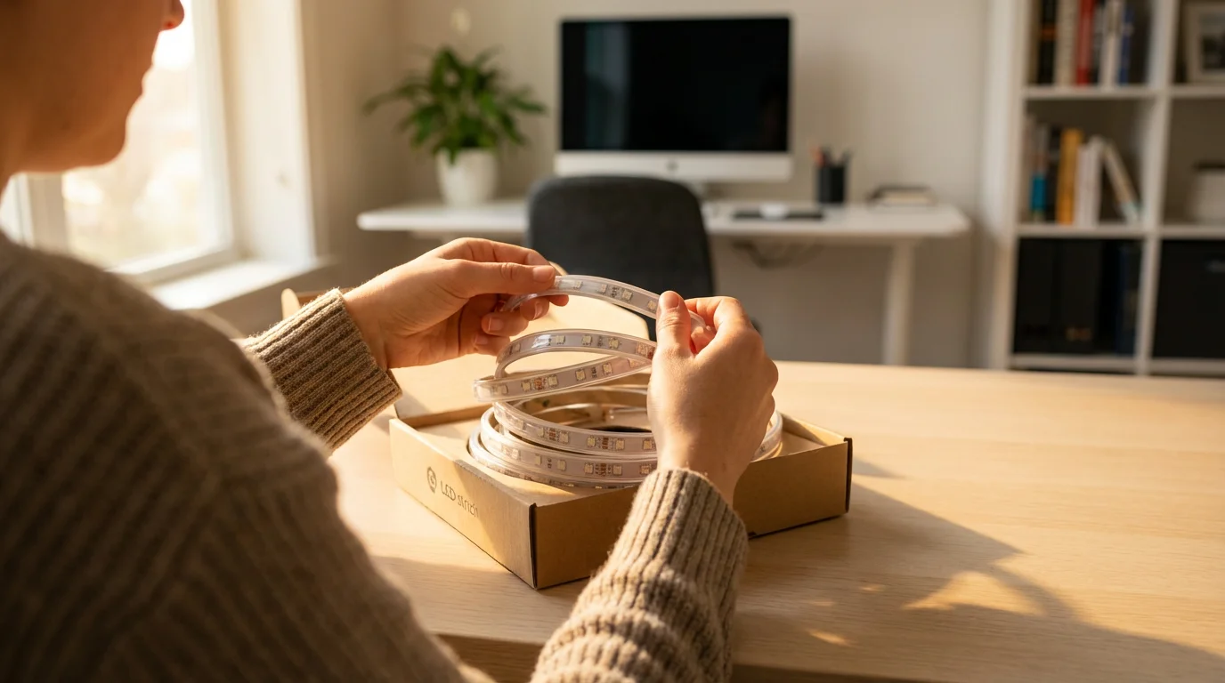 Over-the-shoulder view of a person holding a spool of smart LED strip lights.