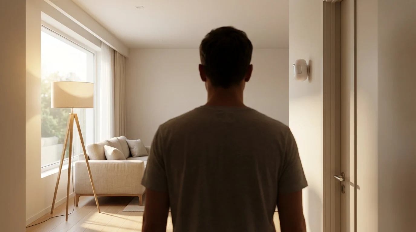 Over-the-shoulder view of a person leaving a living room with a smart motion sensor.